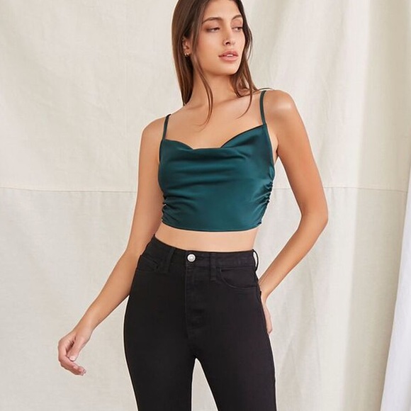 Satin Crop Top - Hunter Green - Picture 1 of 6